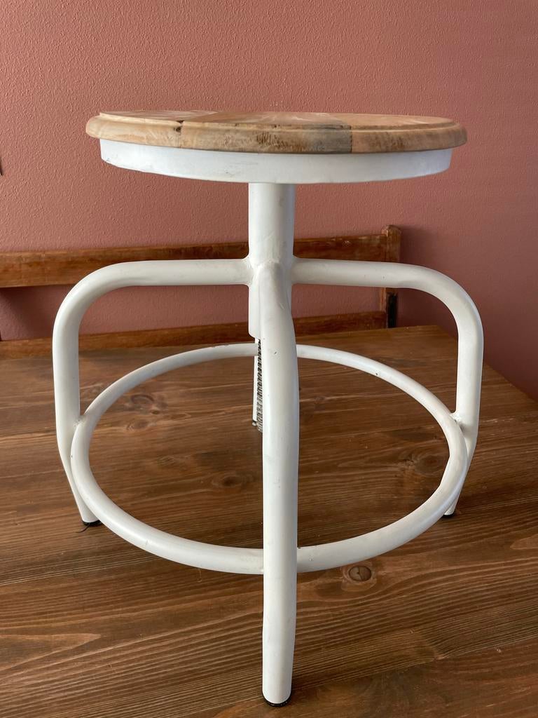 Verstelbare kruk met houten zitting en metalen onderstel, Ophalen, In hoogte verstelbaar, Gebruikt, Hout