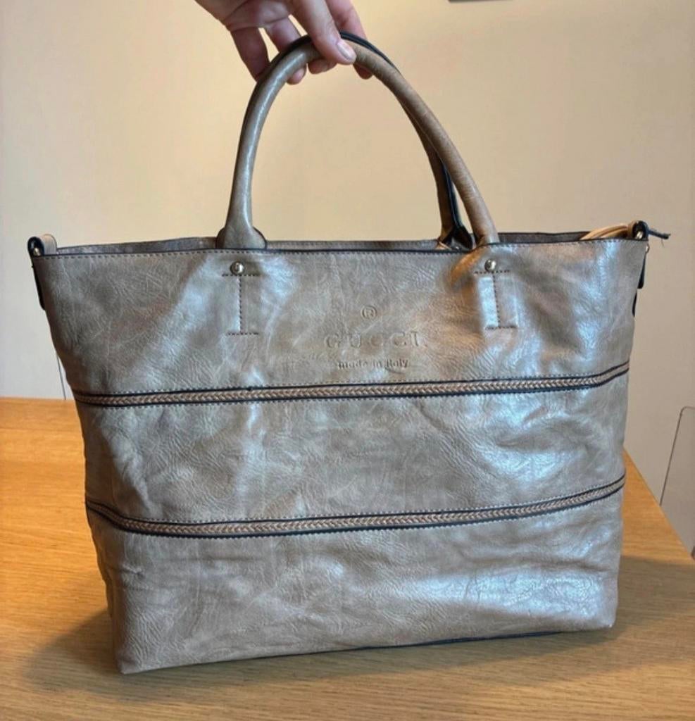 Prachtige vintage leren tote bag, handtas 👜 van Gucci, Ophalen of Verzenden, Gebruikt, Beige, Handtas