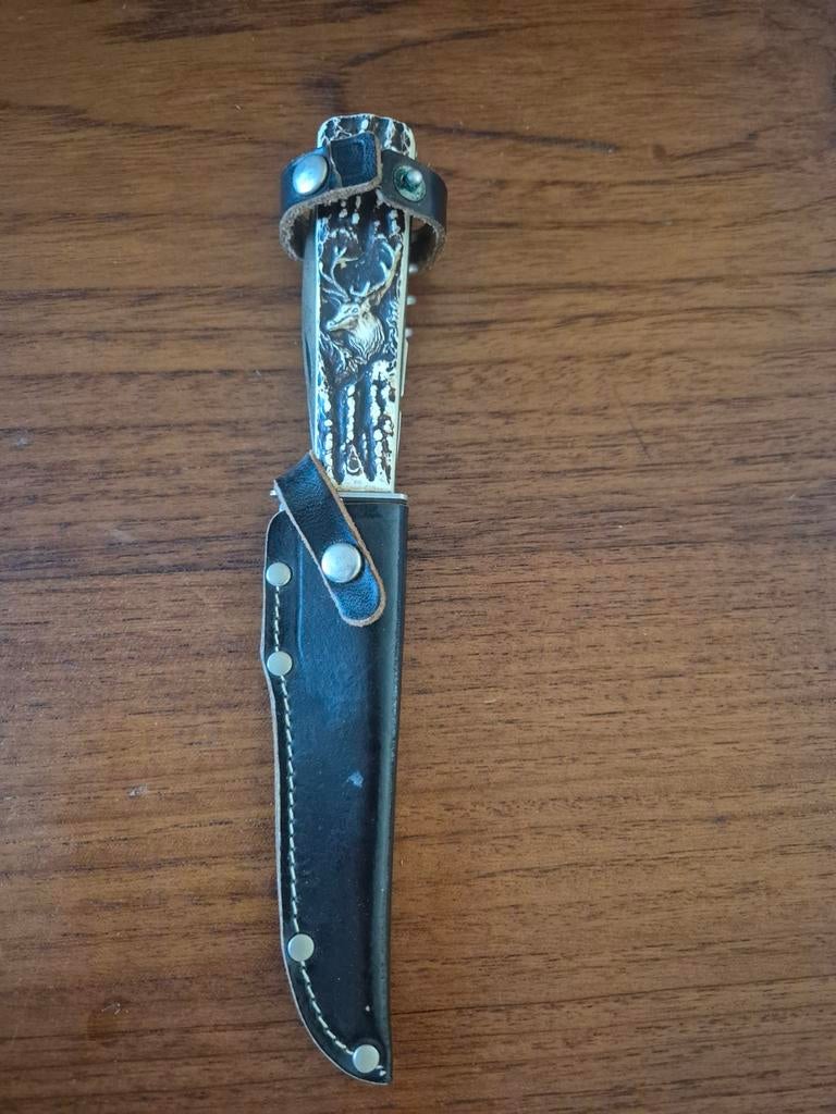 Vintage zakmes met hertengewei handvat en lederen schede, Antiek en Kunst, Antiek | Gereedschap en Instrumenten, Ophalen of Verzenden