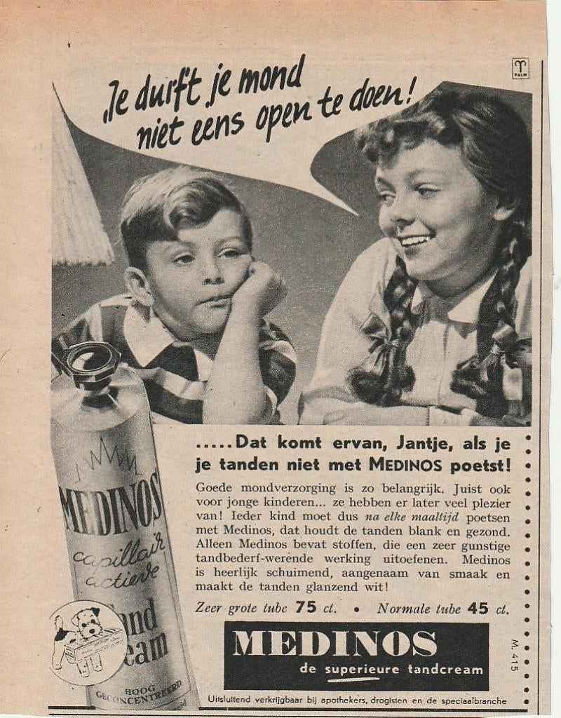 Retro reclame 1951 Medinos tandpasta jongetje Jantje, Verzenden, Overige typen