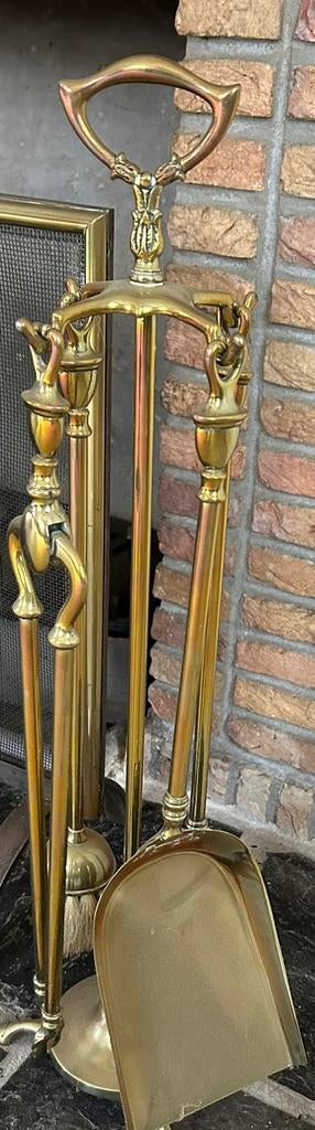 Messing haardstel met schep, pook en borstel, Ophalen of Verzenden, Gebruikt, Vrijstaande haard, Overige soorten