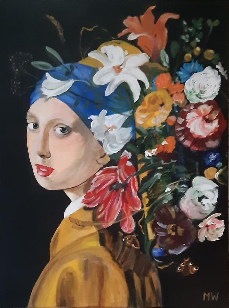 Meisje met de parel en bloemen, 80x60cm, Ophalen of Verzenden