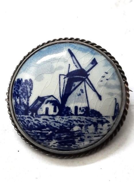 Antieke zilveren broche Delfts Blauw 835 (6589-2027), Sieraden, Tassen en Uiterlijk, Antieke sieraden, Ophalen, Zilver, Broche