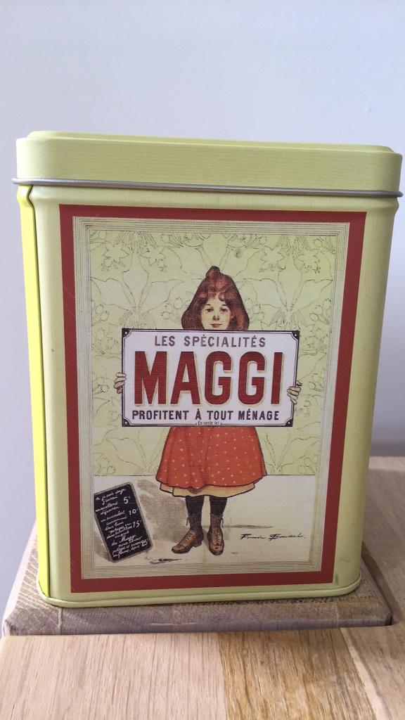 Vintage brocante Maggi Nestlé geel blikje met meisje, Verzamelen, Blikken, Ophalen of Verzenden, Gebruikt, Overige
