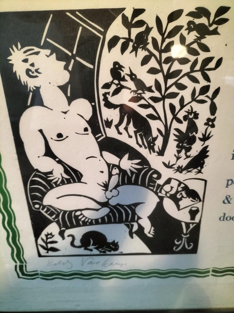 Houtsnede Eddy Varekamp - Naaktfiguur met dieren, Ophalen of Verzenden