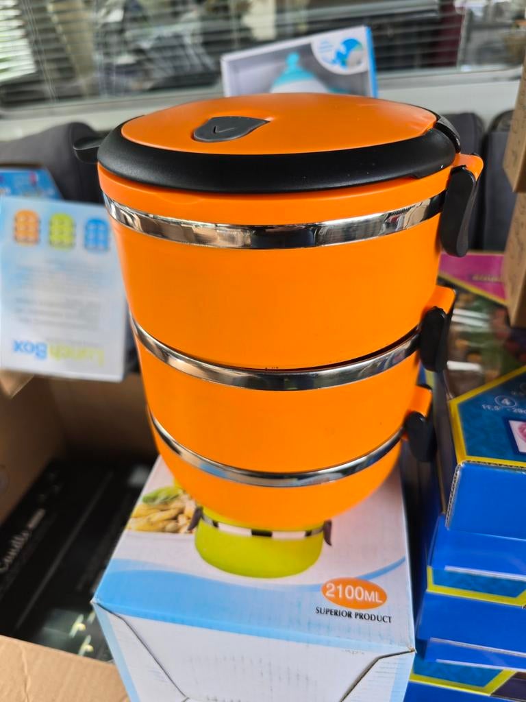 Stapelbare RVS Lunchbox - Oranje, (ook blauw) 2100ML, Nieuw, Ophalen of Verzenden, Metaal, Broodtrommel