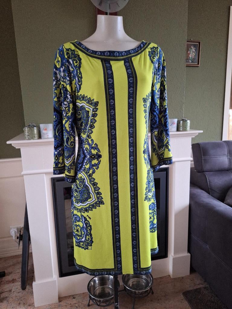 Hale Bob lime kleurige blauw zwarte jurk M 38, Maat 38/40 (M), Verzenden, Zo goed als nieuw, Knielengte