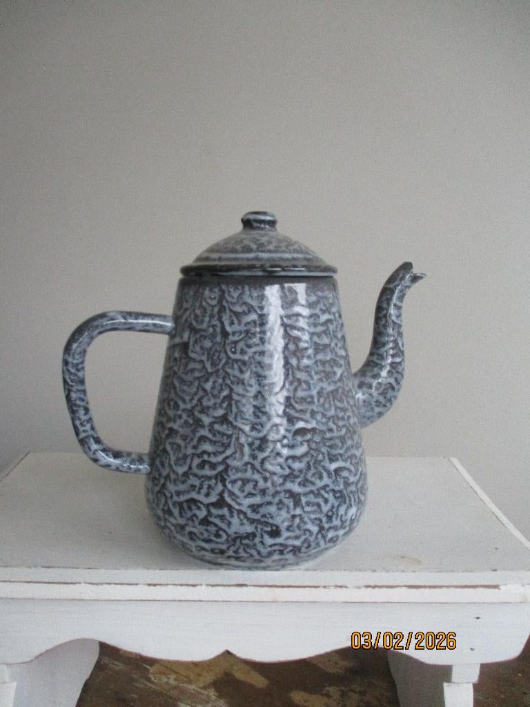 emaille brocante theepot grijs gewolkt, Ophalen of Verzenden