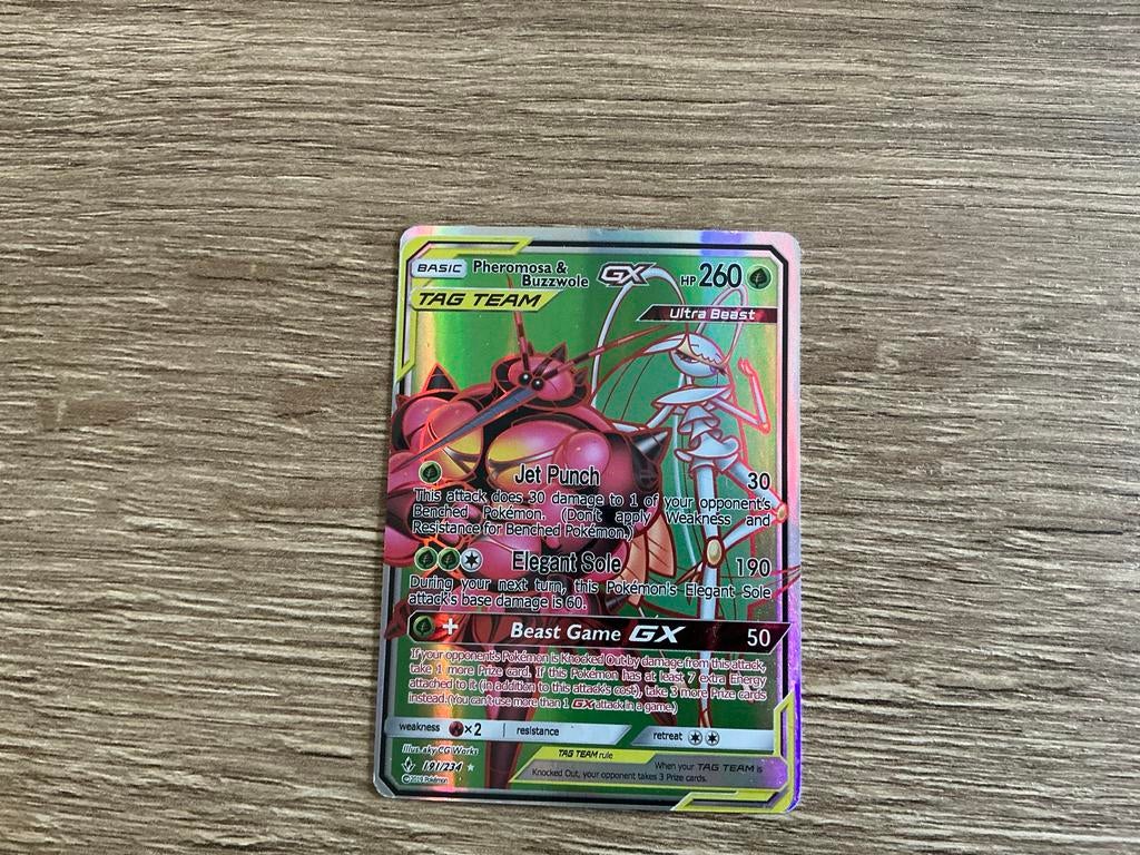 Pheromosa & Buzzwole GX TAG TEAM Pokémon Kaart, Ophalen, Zo goed als nieuw, Losse kaart, Foil