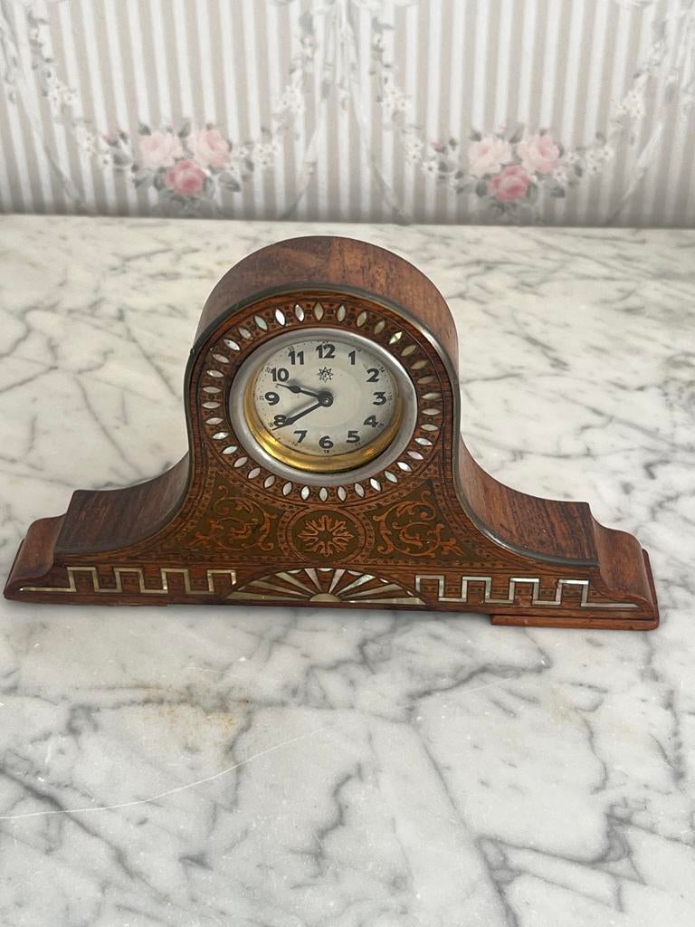 Antieke houten schoorsteenklok met inlegwerk 30cm, Ophalen