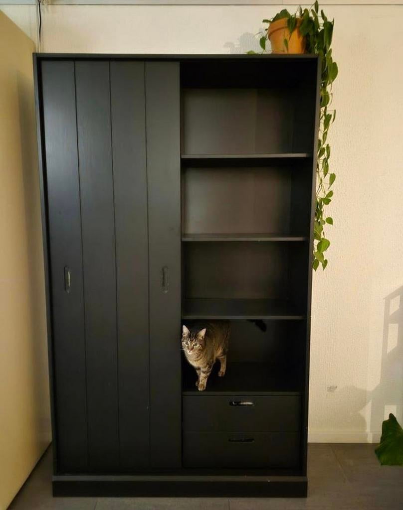 Zwarte acacia kast met schuifdeur en lades, Ophalen