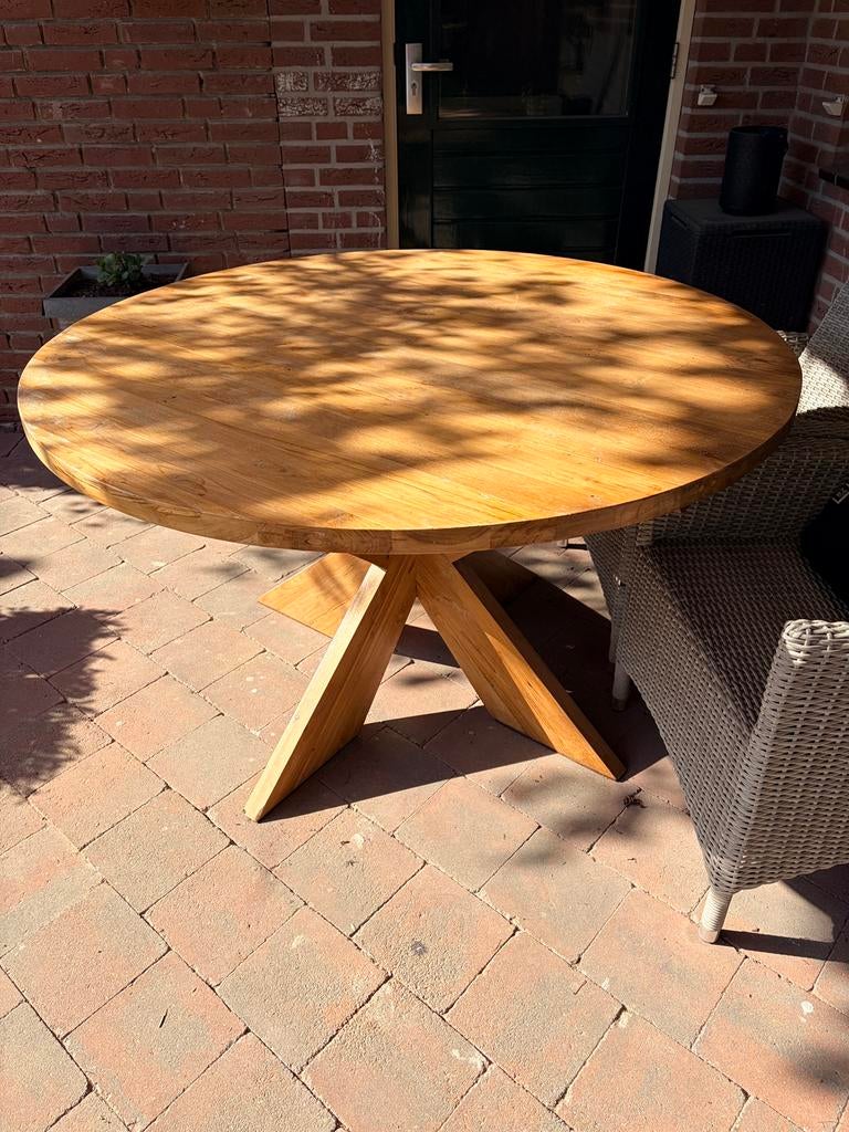 Ronde houten tafel binnen/buiten teakhout kruispoot, Huis en Inrichting, Tafels | Eettafels, Ophalen, 100 tot 150 cm, Teakhout