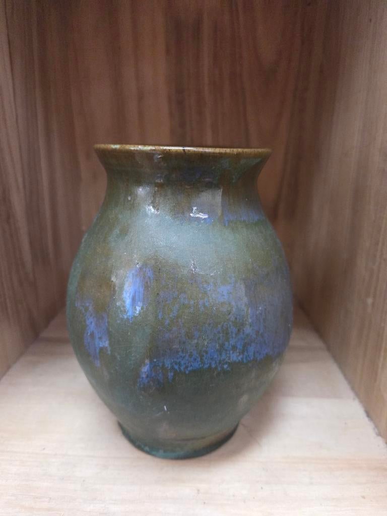 Groene vaas met blauwe accenten keramiek, Ophalen of Verzenden