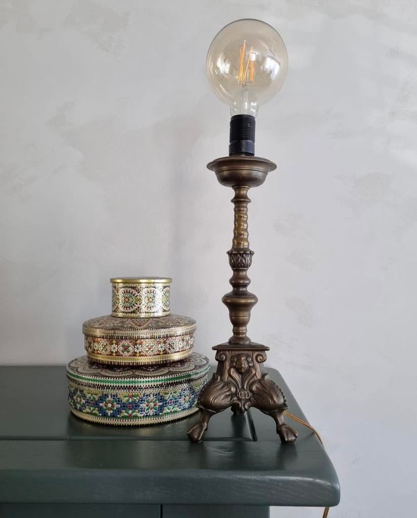 Antieke vintage massief koperen messing lampenvoet tafellamp, Ophalen of Verzenden, Zo goed als nieuw, Minder dan 50 cm