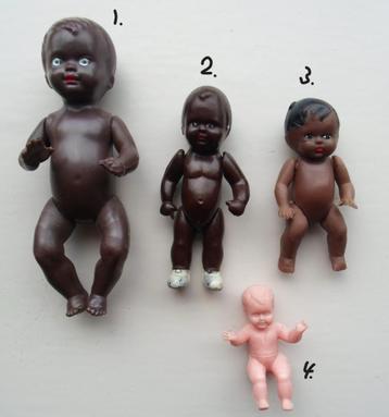 3 Oude donkergetinte popjes en babypopje. Zie omschrijving. beschikbaar voor biedingen