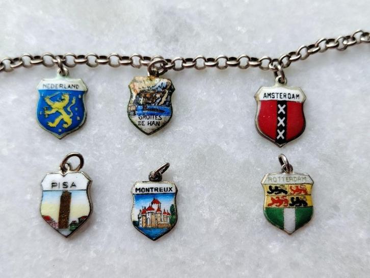 Antieke zilveren ketting met 5 geëmailleerde schildjes, Sieraden, Tassen en Uiterlijk, Antieke sieraden, Ketting, Zilver, Ophalen of Verzenden