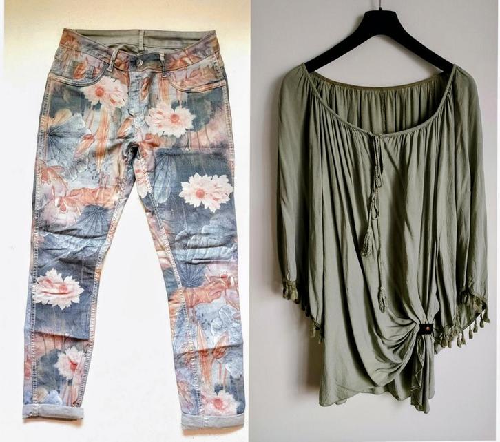 Bloemenprint broek (38) & Groene Tuniek Set, Kleding | Dames, Broeken en Pantalons, Zo goed als nieuw, Maat 38/40 (M), Overige kleuren