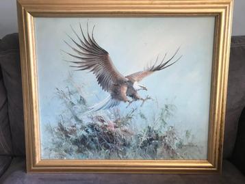 Vintage Olieverf Schilderij Roofvogel Gesigneerd. beschikbaar voor biedingen