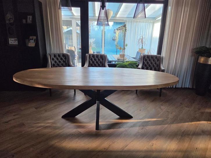 Massief Mangohouten Eettafel met Kruispoot - 240cm, Huis en Inrichting, Tafels | Eettafels, Nieuw, 100 tot 150 cm, 200 cm of meer
