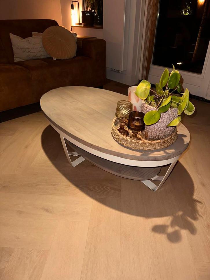 Ovale salontafel staal/hout - 120x68x34cm, Huis en Inrichting, Tafels | Salontafels, Gebruikt, Minder dan 50 cm, 50 tot 100 cm