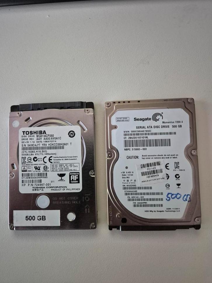 2x 500GB Harde Schijven - Toshiba & Seagate, Computers en Software, Harde schijven, Ophalen of Verzenden