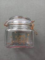 Glazen potje met beugel en tekst., Ophalen of Verzenden, Zo goed als nieuw
