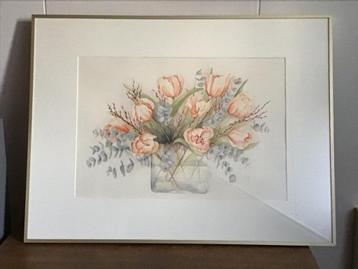 Aquarel bloemen  Groot formaat 81x61 cm Aluminium lijst beschikbaar voor biedingen