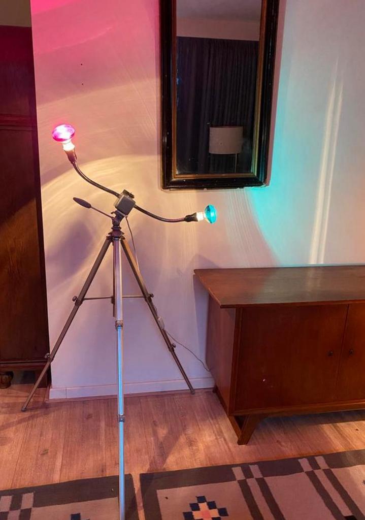 Vintage Spage Age Camera Statief Lamp, Huis en Inrichting, Lampen | Vloerlampen, Gebruikt, 100 tot 150 cm, Metaal, Ophalen