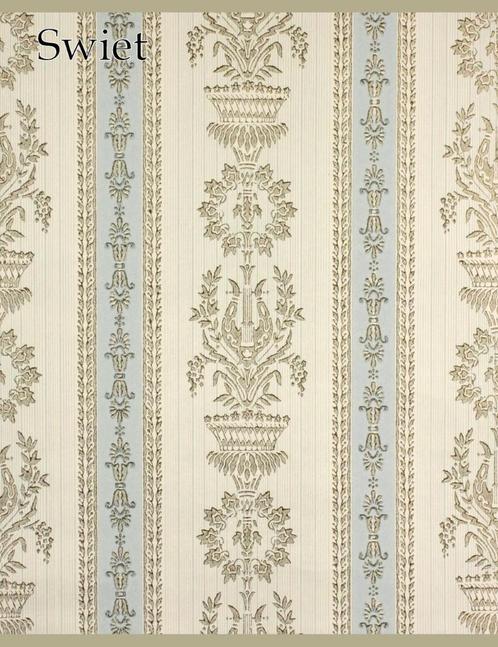 3698 Ornament strook behang blauw bruin vintage swiet, Huis en Inrichting, Stoffering | Behang, Blauw, Beige, Bruin, Verzenden