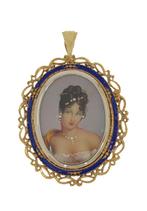 Grote fraaie 14k gouden portret hanger emaille diamant dames, Sieraden, Tassen en Uiterlijk, Antieke sieraden, Ophalen of Verzenden