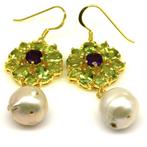 oorbellen 925 zilver 14 k verguld  Parel, Amethist, Peridoot, Hangers, Overige kleuren, Nieuw, Ophalen of Verzenden