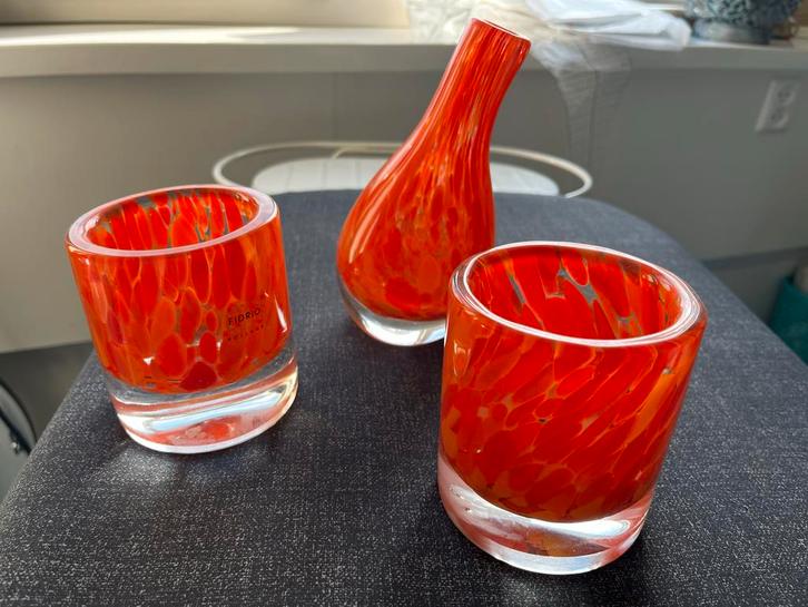 Fidrio Holland Vaasje & Waxinelichtjes - Oranje Glas Set, Antiek en Kunst, Antiek | Glas en Kristal, Ophalen