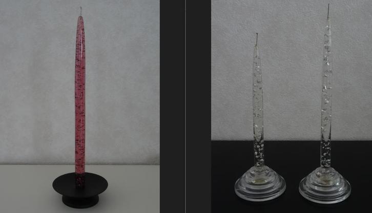 3 acryl/lucite kaarsen met snippers + bijpassende kandelaars, Huis en Inrichting, Woonaccessoires | Kandelaars en Kaarsen, Ophalen of Verzenden