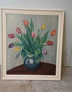 Mooi vintage schilderij stilleven tulpen in vaas, Ophalen of Verzenden