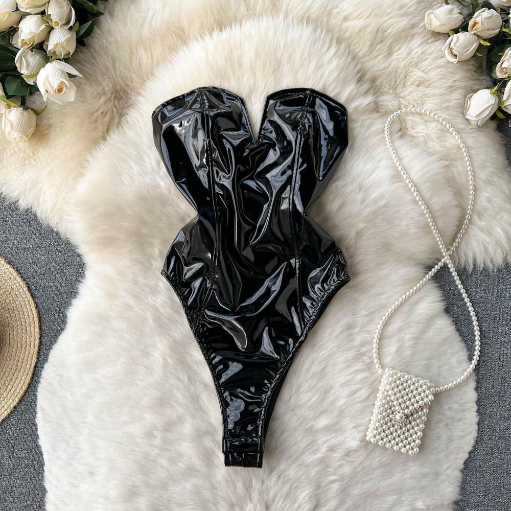 Zwarte kunstleren dames romper bodysuit lak wetlook vrouwen, Verzenden, Zwart, Body of Korset