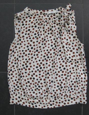 Steps top, off white met bruine bolletjes, strik in hals, S beschikbaar voor biedingen