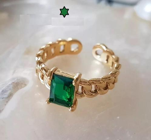 Ring Chain RVS in Gold / Smaragd kleurige Zirconia, Sieraden, Tassen en Uiterlijk, Ringen, Nieuw, Dame, 17 tot 18, Goud, IJzer of Staal