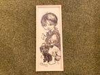 Oude vintage tekening/ schilderij van kind met hondje, Ophalen of Verzenden
