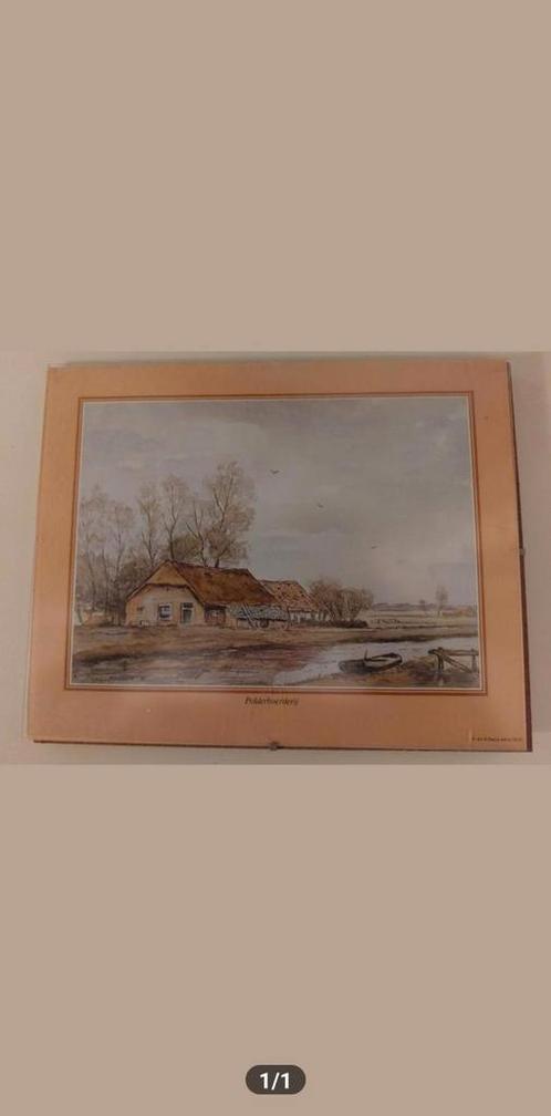 Tekening van een polder boerderij in glazen lijst, Antiek en Kunst, Kunst | Tekeningen en Foto's, Ophalen of Verzenden