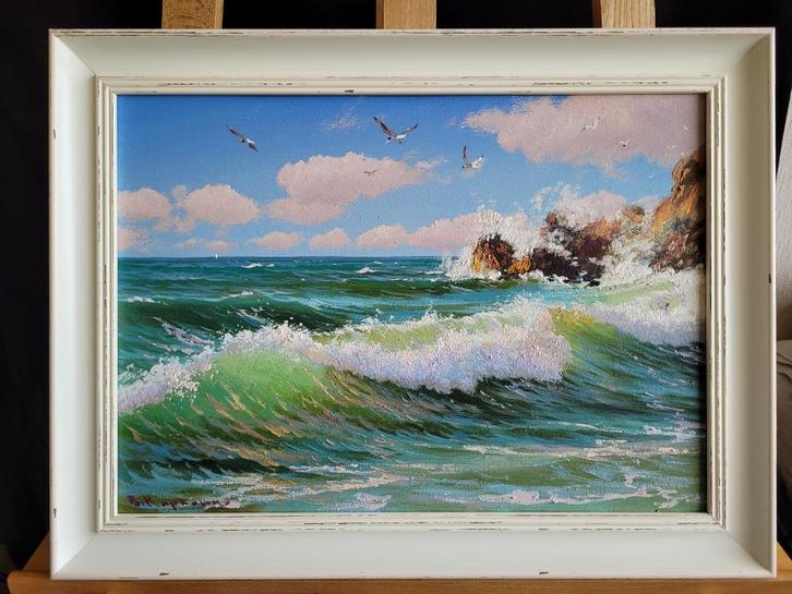 “Zeegezicht met Branding” Vitalii Karpenko (1963), Antiek en Kunst, Kunst | Schilderijen | Modern, Ophalen of Verzenden