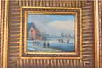 Klein olieverf schilderij – winters tafereel met schaatsers, Antiek en Kunst, Ophalen of Verzenden