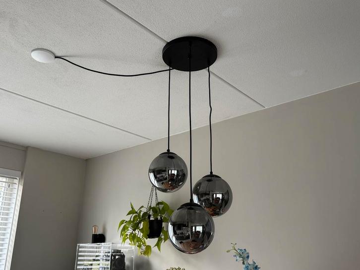 QAZQA Art deco hanglamp zwart met smoke glas 3-lichts, Huis en Inrichting, Lampen | Hanglampen, Gebruikt, 75 cm of meer, Glas