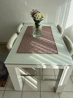 Moderne eettafel met glazen blad + 4 stoelen, Ophalen, Gebruikt, 50 tot 100 cm, Glas