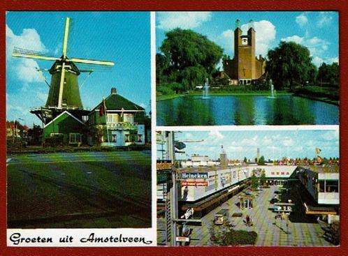 Amstelveen - groeten uit (o.a. Molen, Kruiskerk, Hema) - '74, Verzamelen, Ansichtkaarten | Nederland, Gelopen, Noord-Holland, 1960 tot 1980