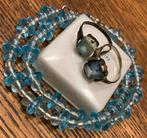 Vintage Blauwe Set armband ketting 2 zilver ring edelstenen, Gebruikt, Blauw, Ophalen of Verzenden, 17 tot 18