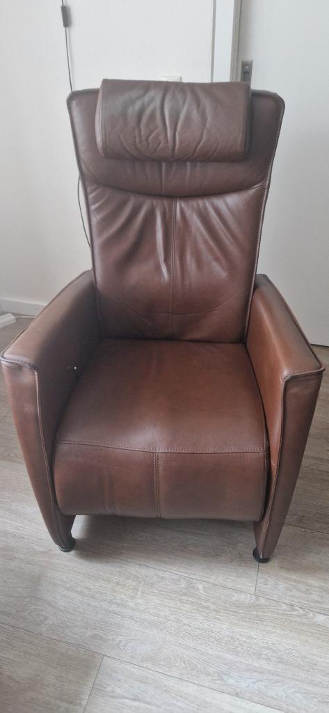 relaxstoel bruin leder, Huis en Inrichting, Fauteuils, Gebruikt, Leer, 50 tot 75 cm, Minder dan 75 cm, Ophalen