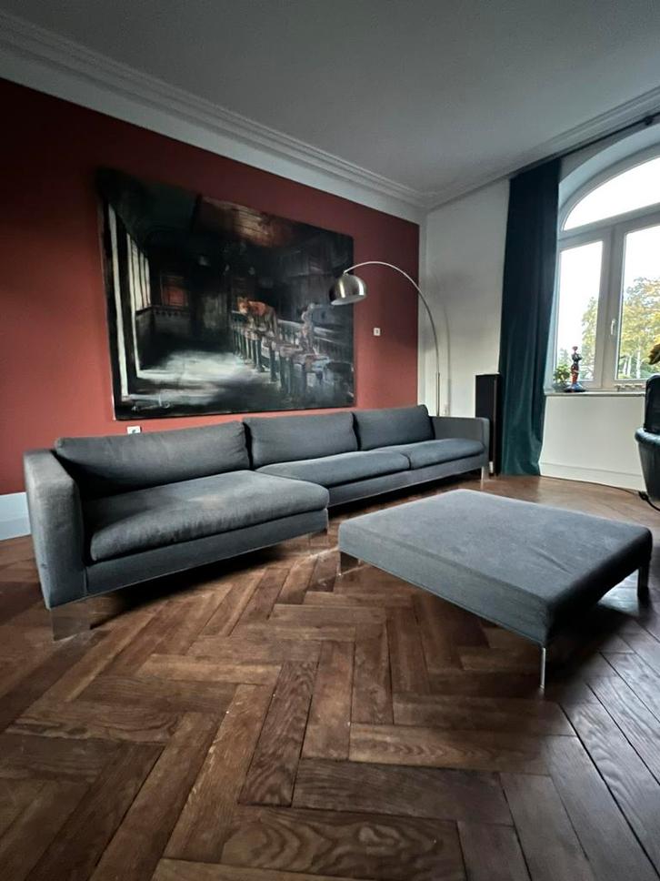 Minotti Andersen componenten bank met loungedeel en hocker, Huis en Inrichting, Banken | Complete zithoeken, Gebruikt, Metaal