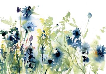 Aquarel behang Veldbloemen, Bloemenbehang, Blauw Groen Wit beschikbaar voor biedingen