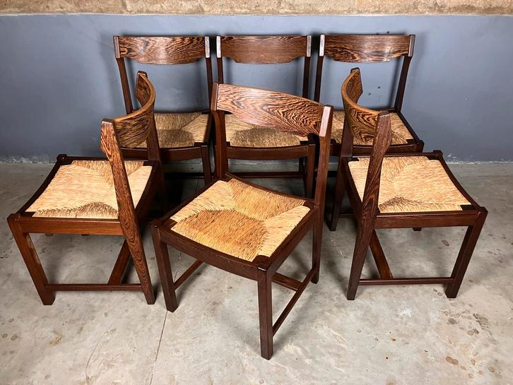 6 stoelen biezen Wengé Brutalist Mid Century, Huis en Inrichting, Stoelen, Gebruikt, Hout, Bruin, Ophalen