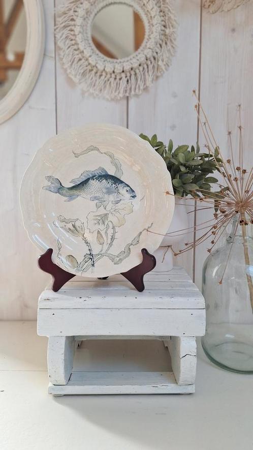 Vintage wandbord, sierbord met vis gedecoreerd, watertinten, Huis en Inrichting, Woonaccessoires | Overige, Gebruikt, Ophalen of Verzenden